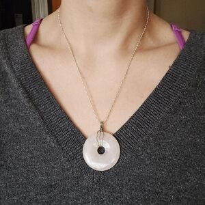 Vintage Pink Rose Quartz Pi Stone Donut Pendant Necklace